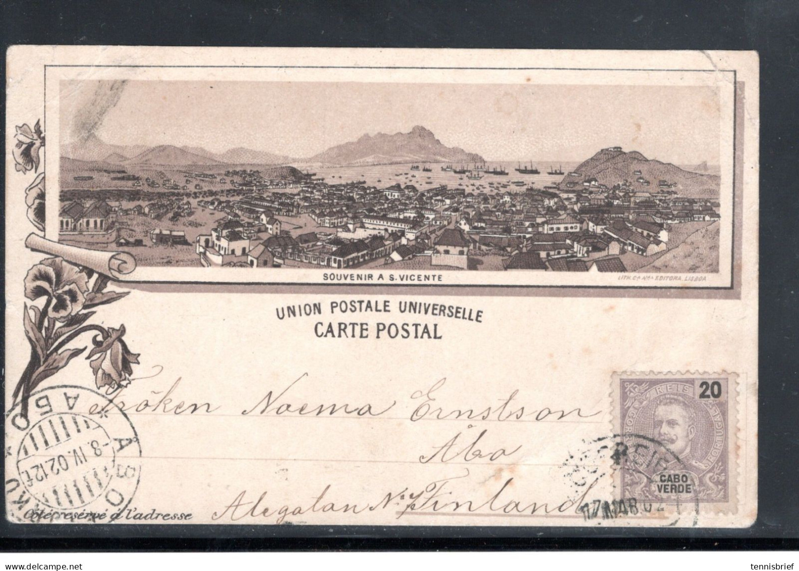 1902,early Picture Post Card  " S. Vicente " On Recto Of Card Wth Stamp 20 R.  CABO VERDE " To Finland , Forerunner!#120 - Cabo Verde