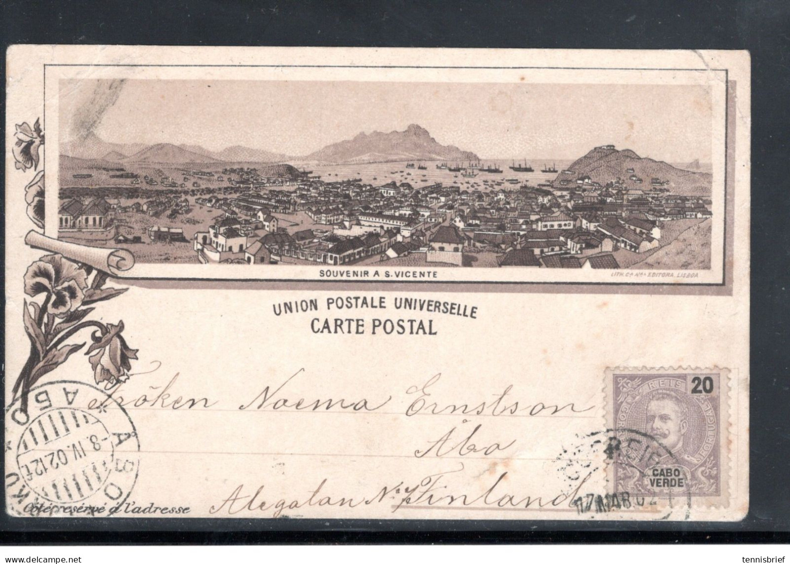 1902,early Picture Post Card  " S. Vicente " On Recto Of Card Wth Stamp 20 R.  CABO VERDE " To Finland , Forerunner!#120 - Capo Verde