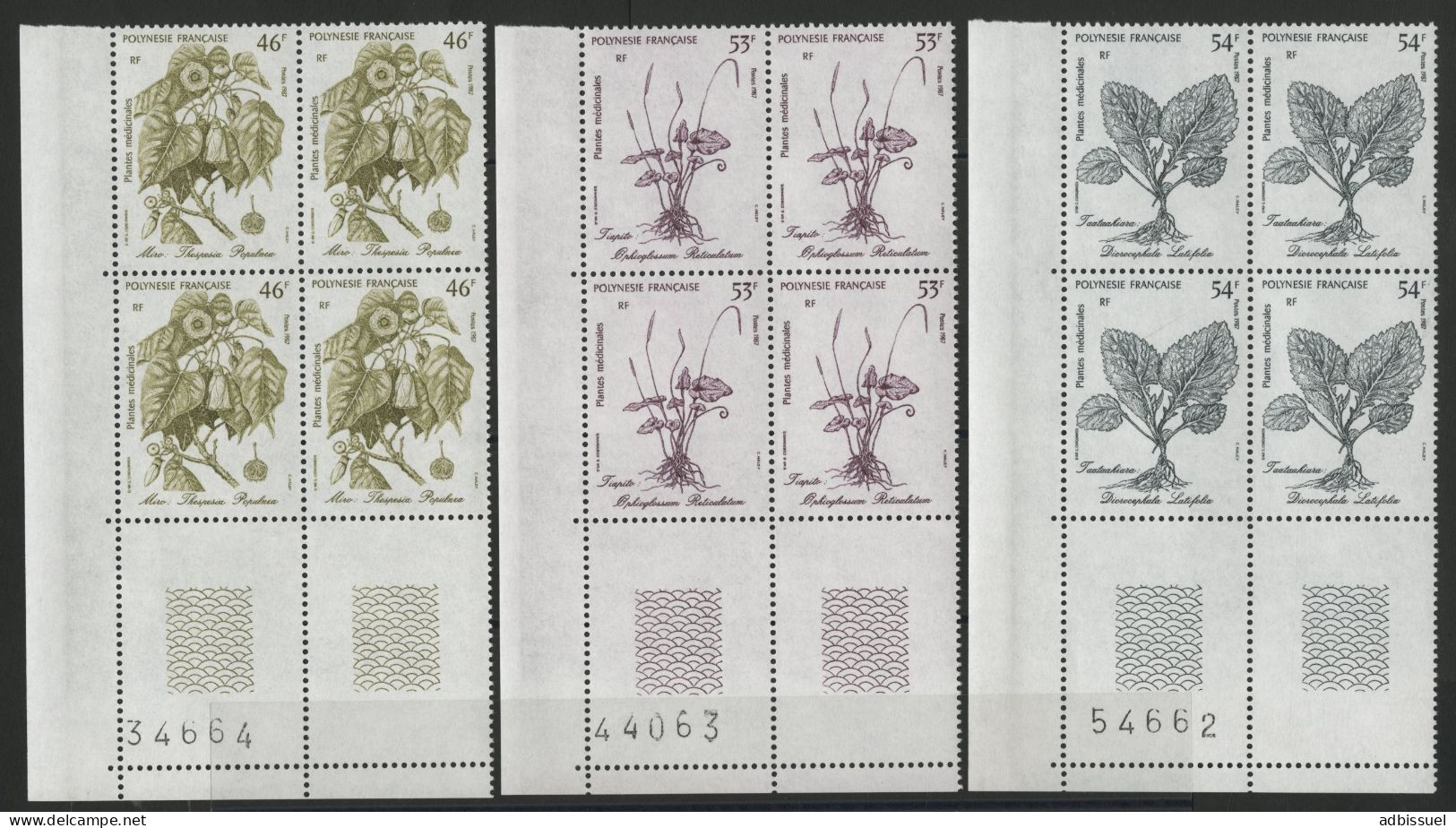 POLYNESIE N° 285 à 287 Blocs De Quatre Neufs ** (MNH) Avec Coin Numéroté TB  "Plantes" - Neufs