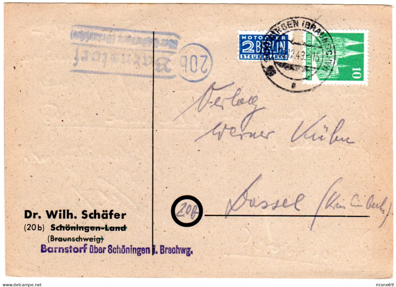 1949, Landpost Stempel 20b BARNSTORF über Schöningen Auf Karte M. 10 Pf. - Verzamelingen