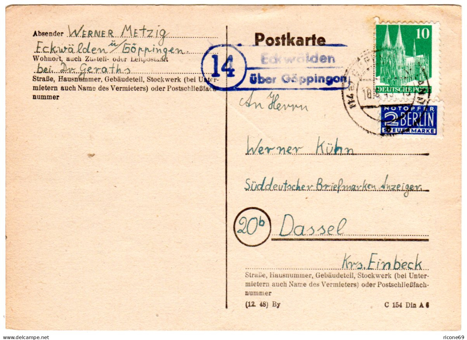 1949, Landpost Stempel 14 ECKWÄLDEN über Göppingen Auf Karte M. 10 Pf. - Sammlungen