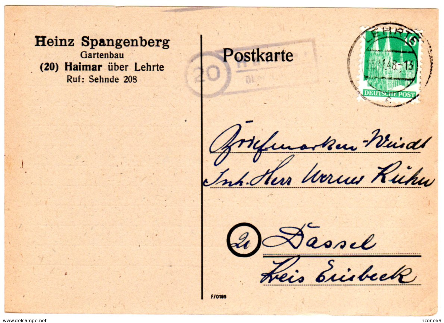 1948, Landpost Stempel 20 HAIMAR über Lehrte Auf Firmen Karte M. 10 Pf. - Colecciones