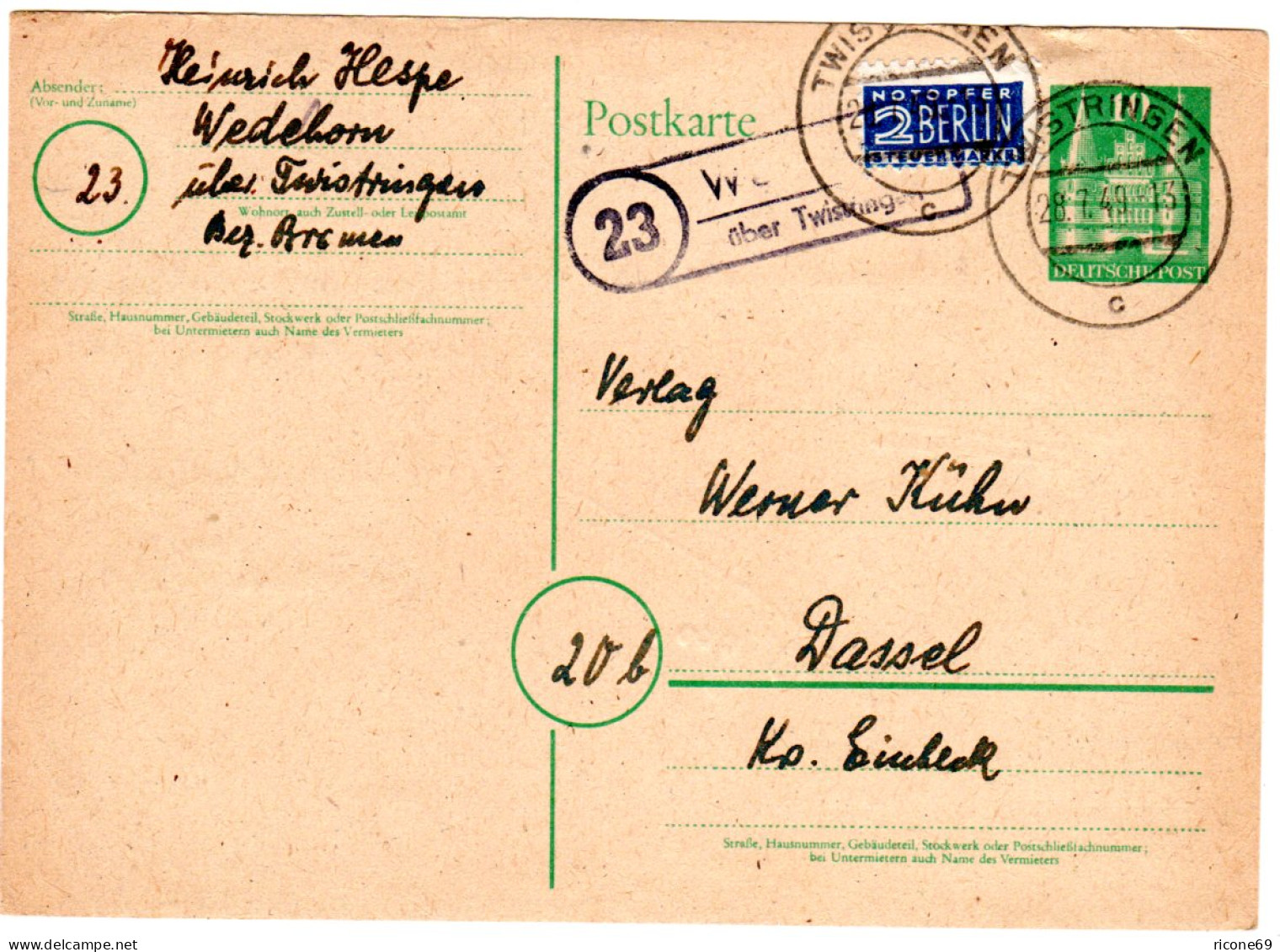 1949, Landpost Stempel 23 WEDEHORN über Twistringen Auf 10 Pf. Ganzsache - Sammlungen