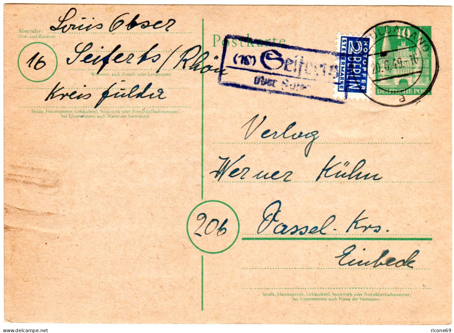 1949, Landpost Stempel SEIFERTS über Fulda Auf 10 Pf. Ganzsache - Collections