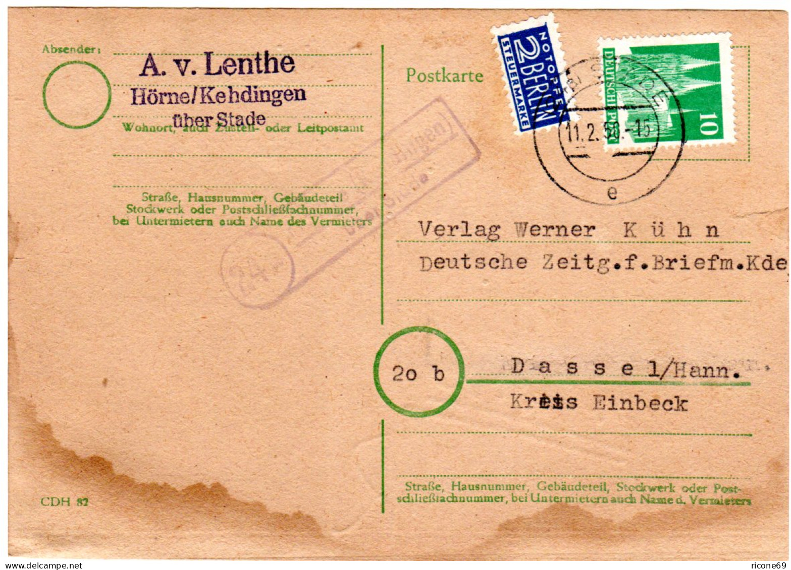 1950, Landpost Stempel 24a HÖRNE (KEHDINGEN) über Stade Auf 10 Pf. Ganzsache - Collezioni