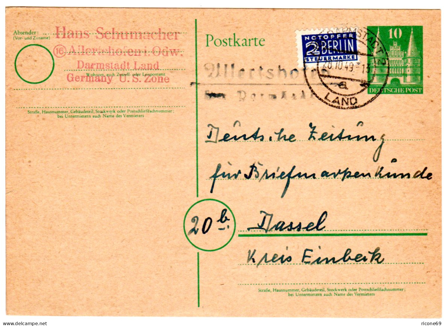 1949, Landpost Stempel ALLERTSHOFEN über Darmstadt Auf 10 Pf. Ganzsache - Sammlungen