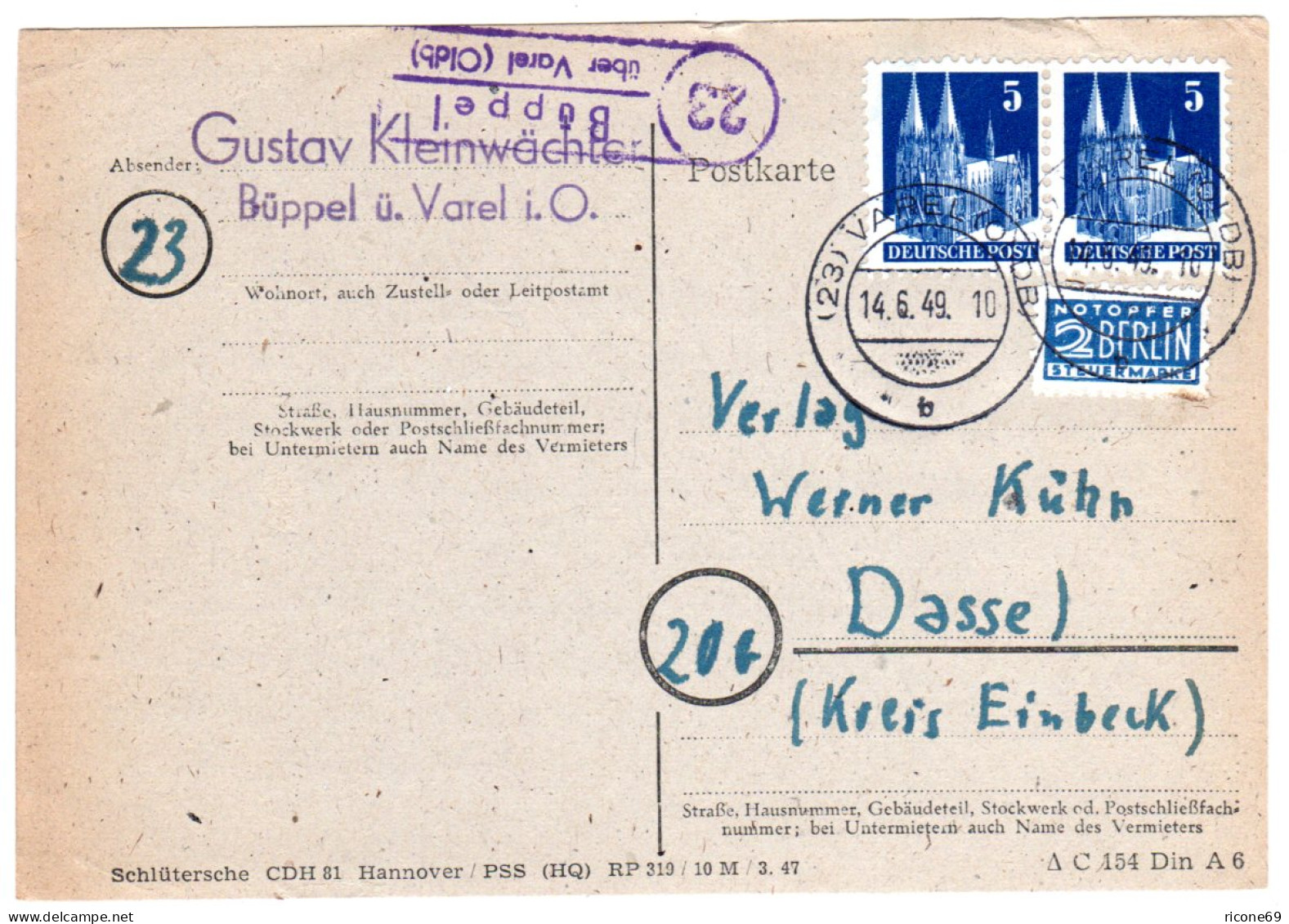 1949, Landpost Stpl. 23 BÜPPEL über Varel (Oldb.) Auf Karte M. 2x5 Pf. - Colecciones