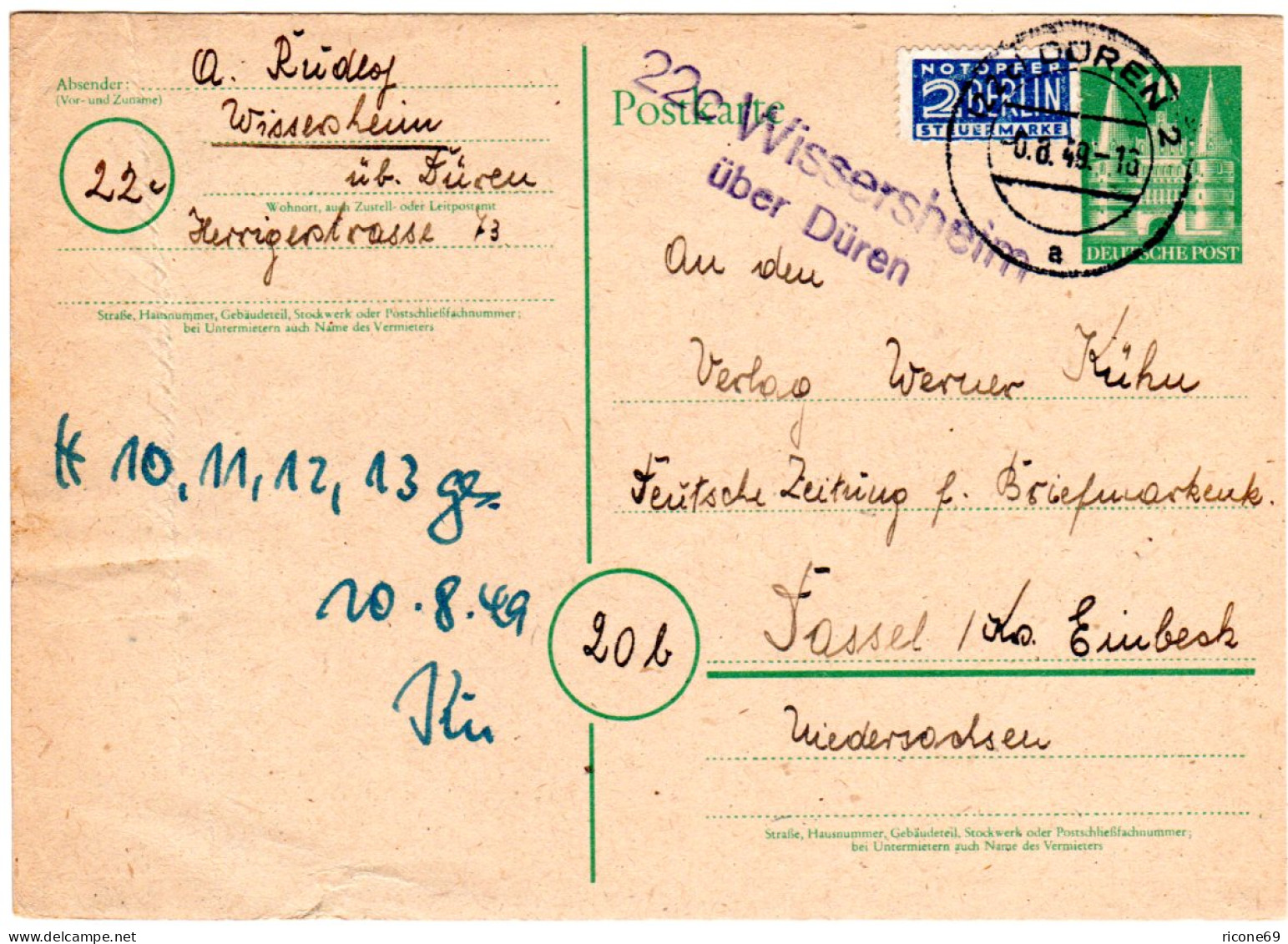 1949, Landpost Stempel 22c WISSERSHEIM über Dürenauf 10 Pf. Ganzsache - Sammlungen