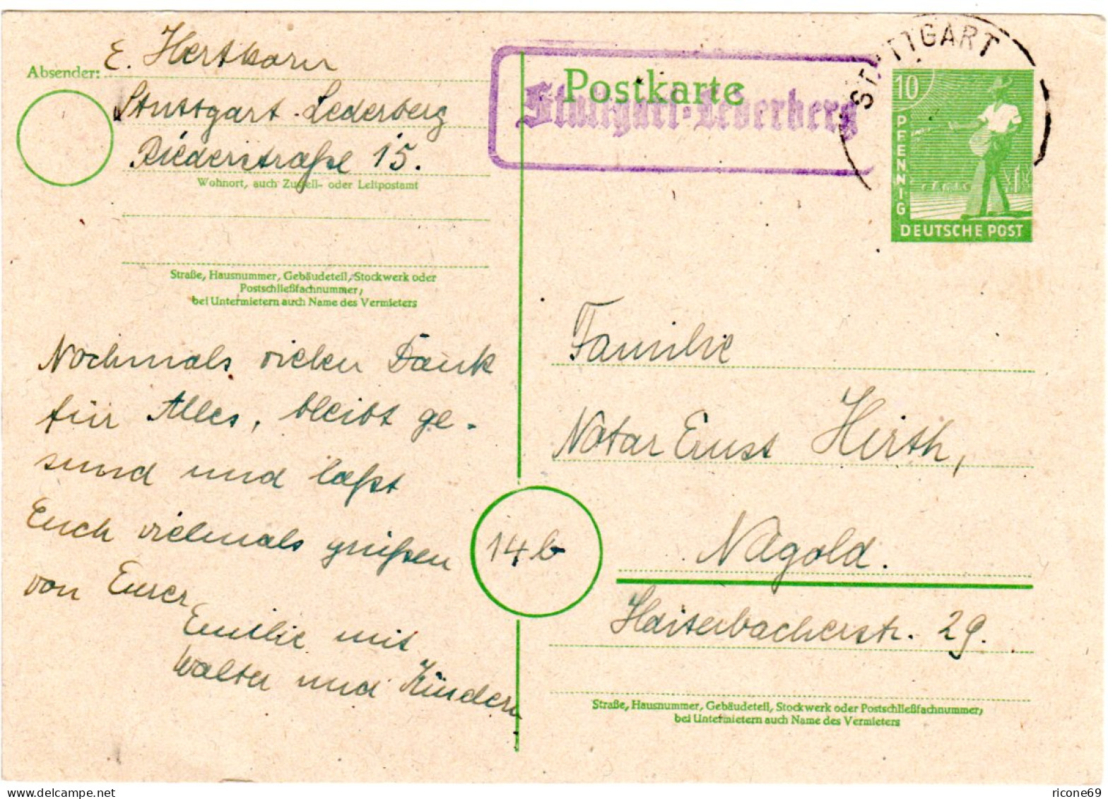 1948, Landpost Stpl. STUTTGART-LEDERBERG Auf 10 Pf. Ganzsache - Collections