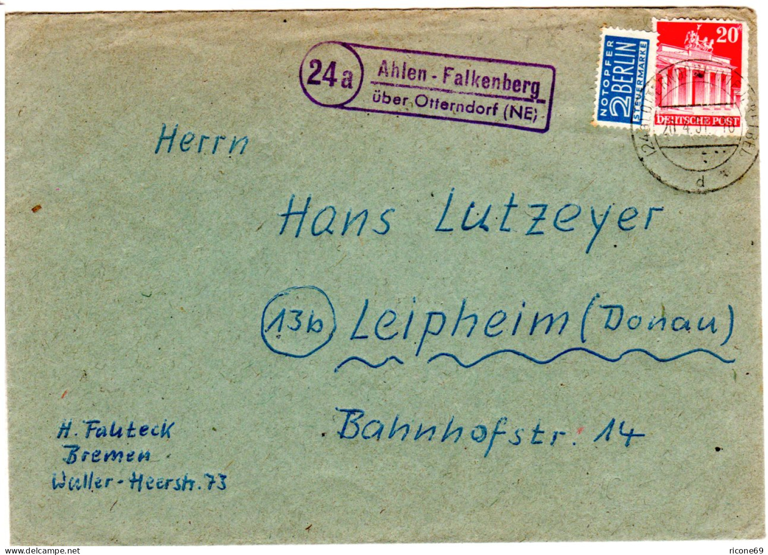 BRD 1951, Landpoststpl. 24a AHLEN-FALKENBERG über Otterndorf Auf Brief M. 20 Pf. - Collezioni