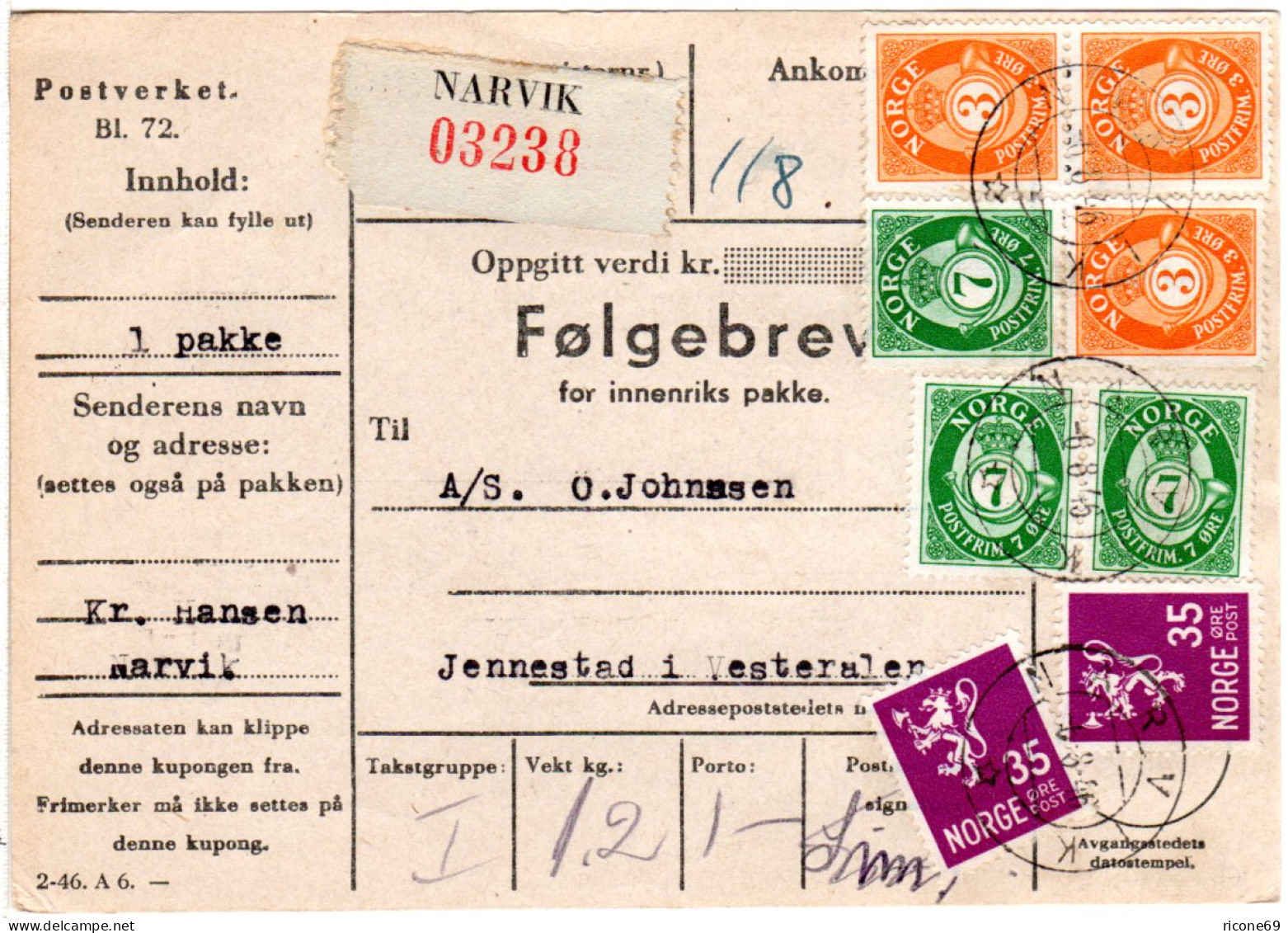 Norwegen 1946, 8 Marken Auf Paketkarte V. Narvik - Cartas & Documentos