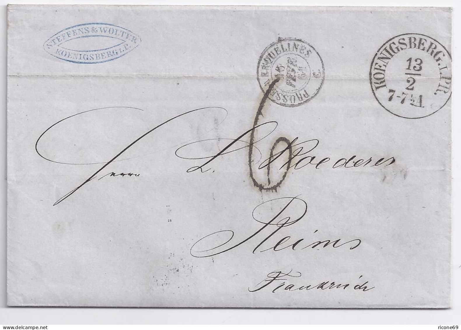 Preussen Frankreich 1861, Klarer K1 Königsberg Auf Brief  Porto Stempel "6".#154 - Brieven En Documenten