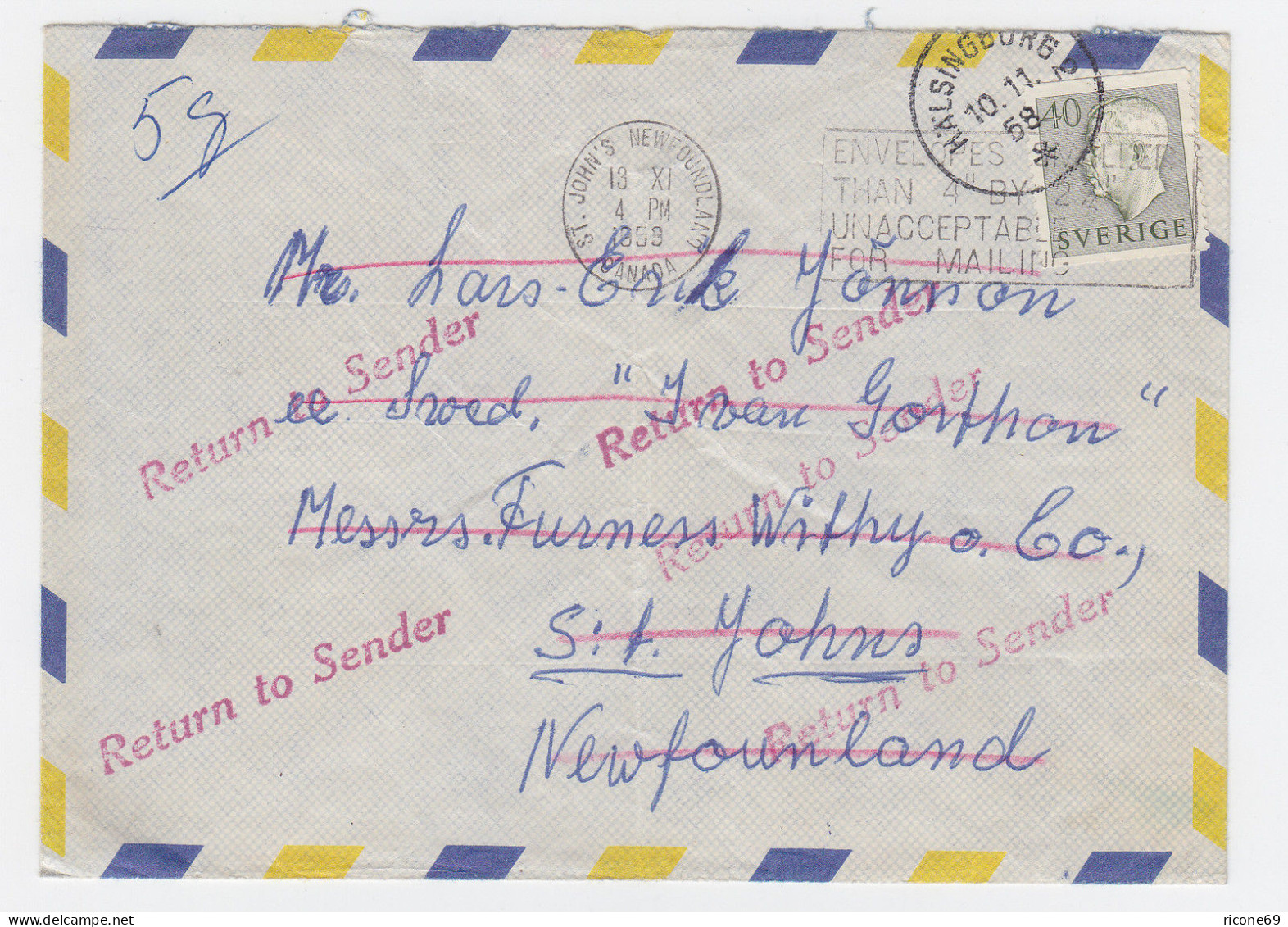Schweden 1958, 40 öre Auf Luftpost Retour Brief N. Newfoundland.  #2489 - Other & Unclassified