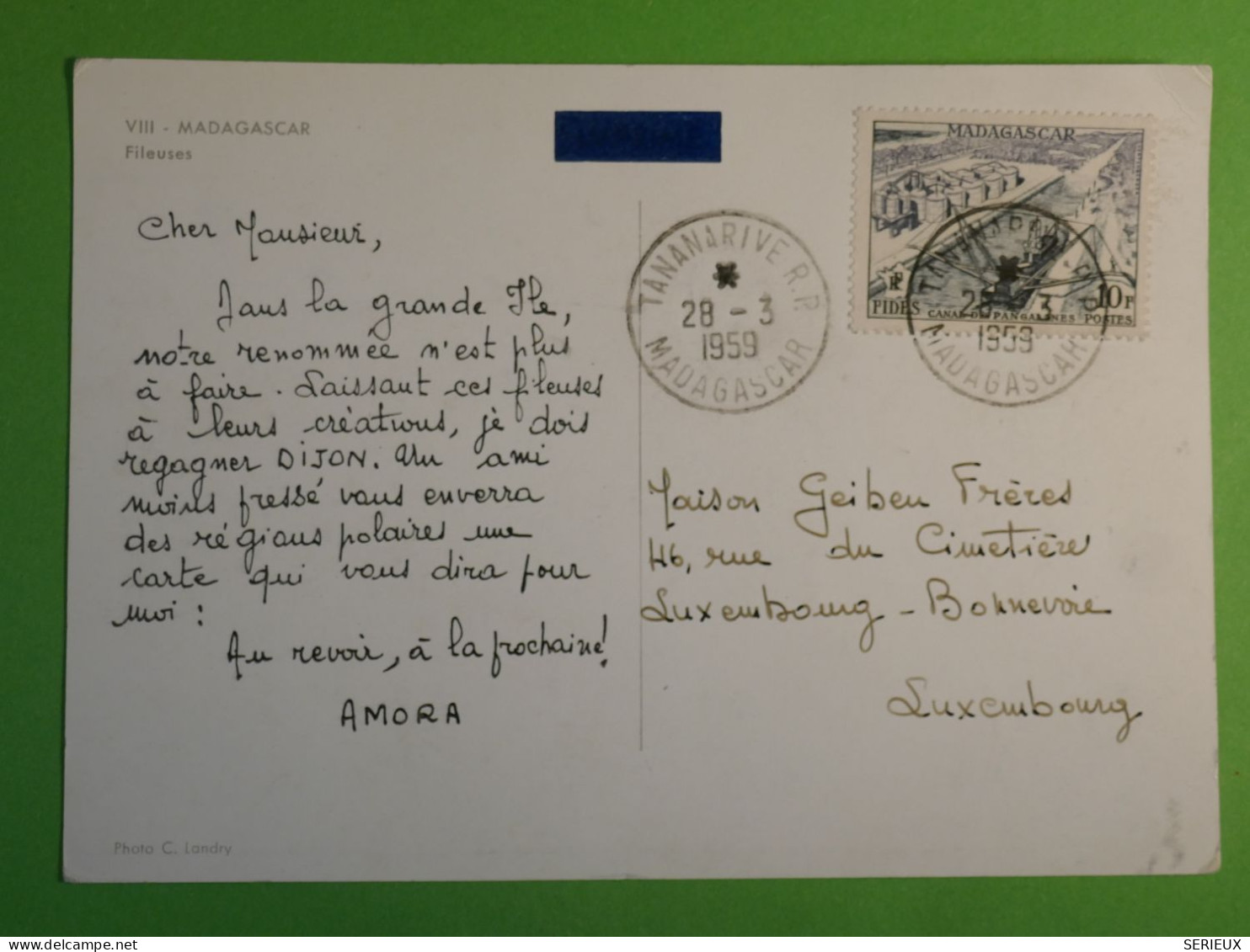 DN1 MAGAGASCAR BELL CARTE AMORA 1959 AU LUXEMBORG  ++AFF. INTERESSANT +++ - Lettres & Documents