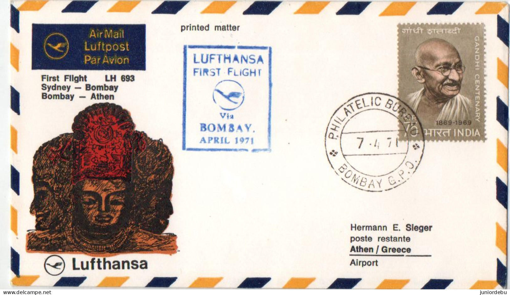 India  - 1971   -   Lufthansa First Flight Cover - Bombay - Athens. - Covers & Documents