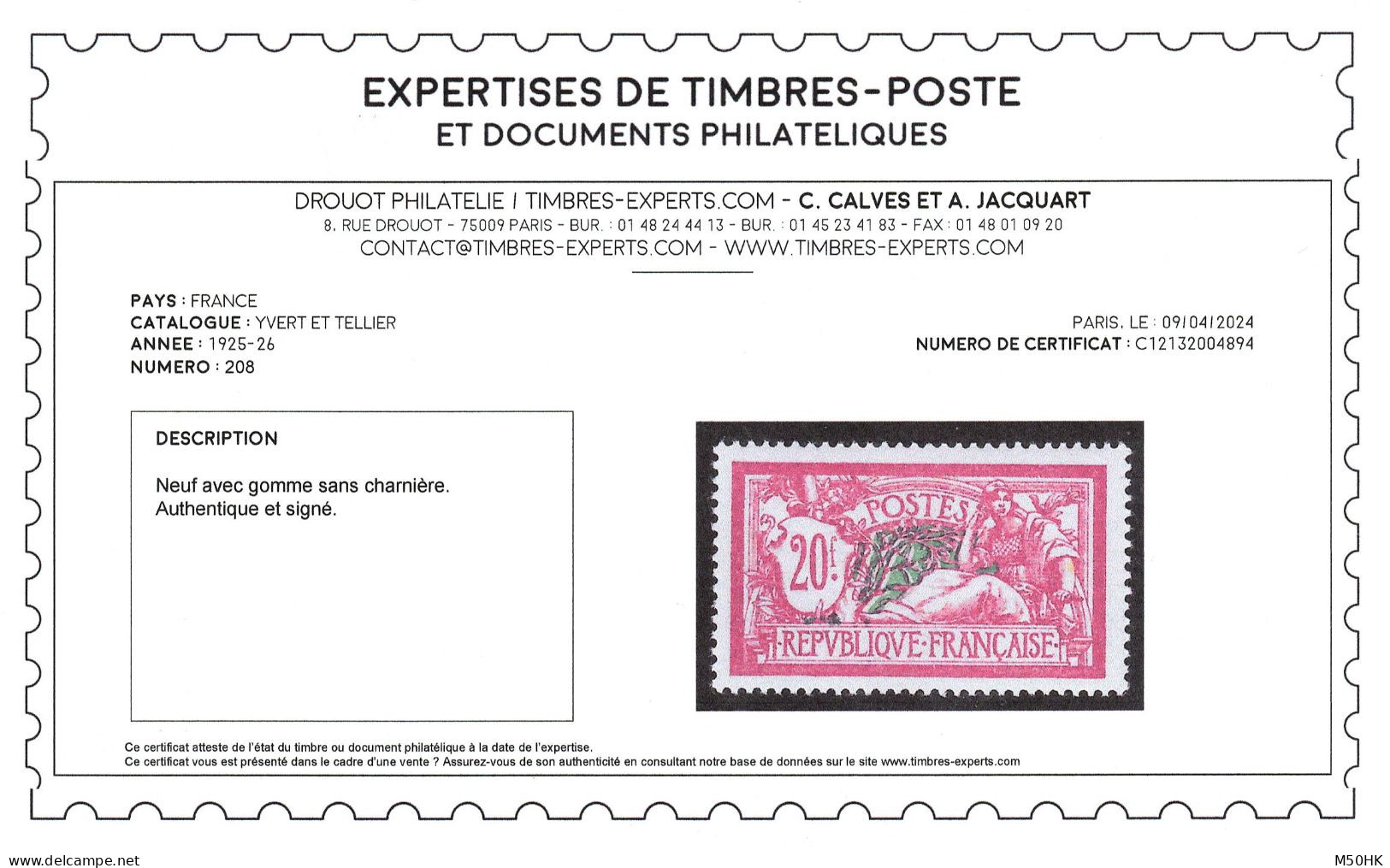 R - YV 208 N** MNH Luxe Bon Centrage , Signé CALVES + Certificat , Cote 580+ Euros - Neufs