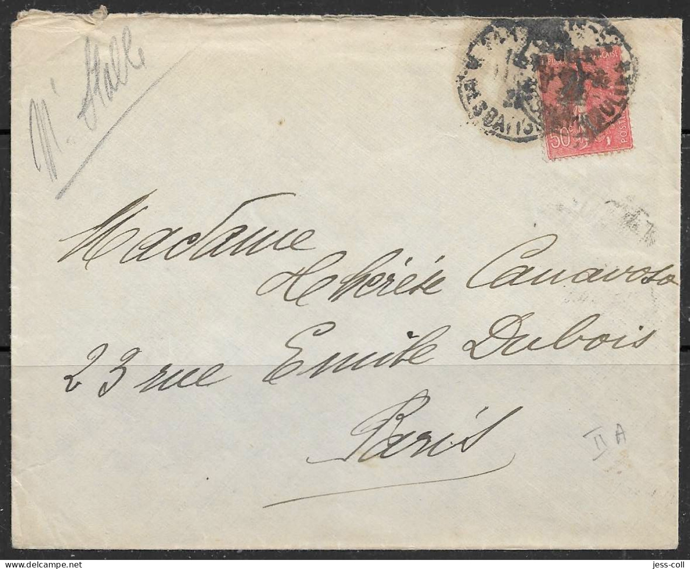 Yvert 199 50 C Rouge Type IIA - Seul Sur Lettre - 1903-60 Sower - Ligned