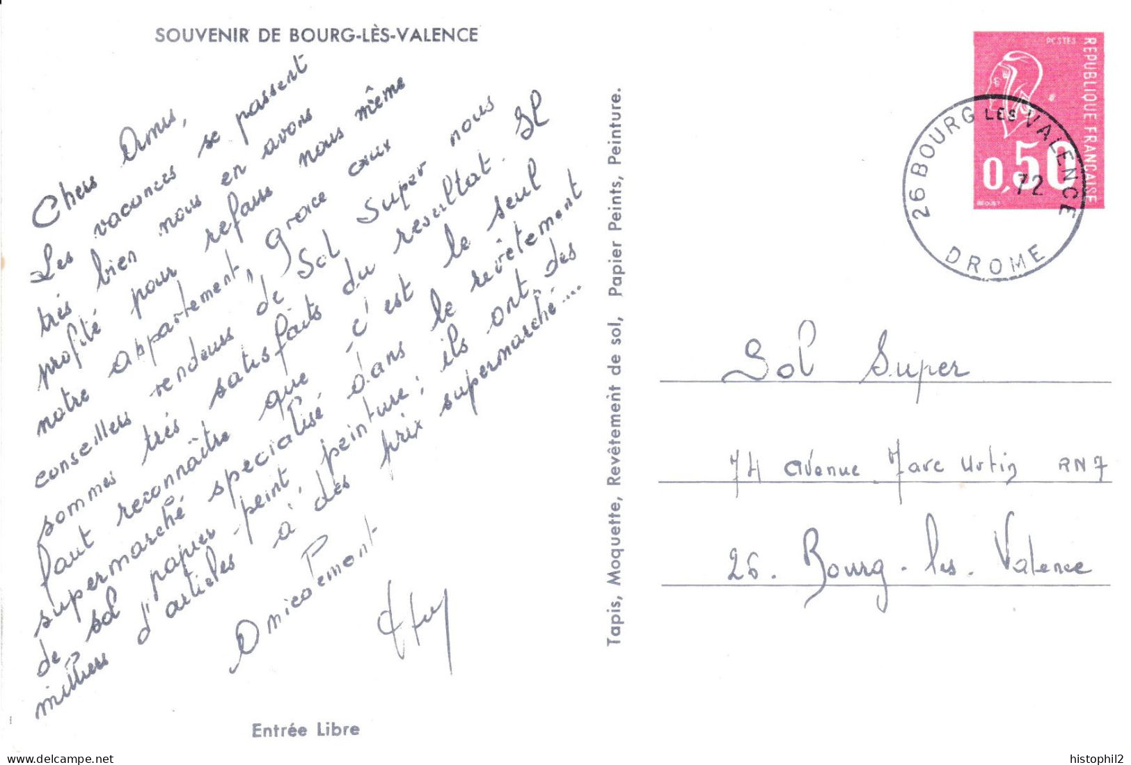 2 Cartes Postales Reproduisant Des Mariannes De Béquet 0,32 Vert En 1971 à Paris Et 0,50 En 1972 à Bourg Les Valence - Private Stationery