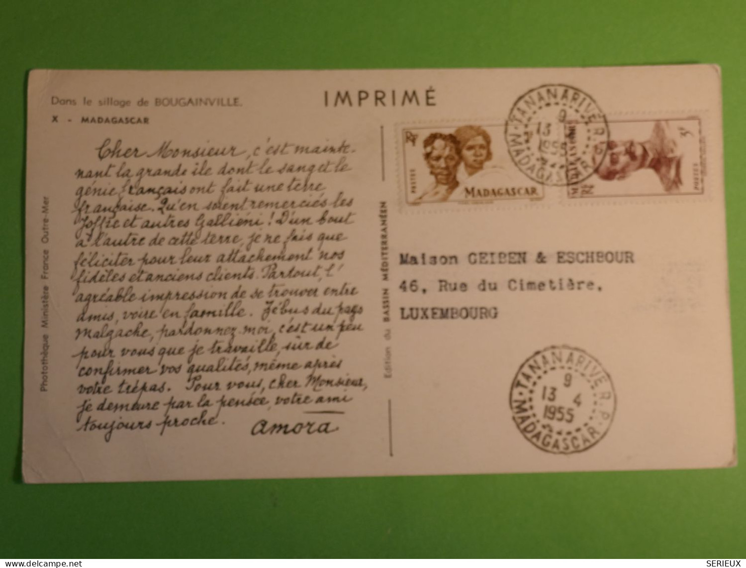 DN1 MAGAGASCAR BELLE CARTE AMORA 1955 TANA AU LUXEMBOURG  ++AFF. INTERESSANT +++ - Briefe U. Dokumente