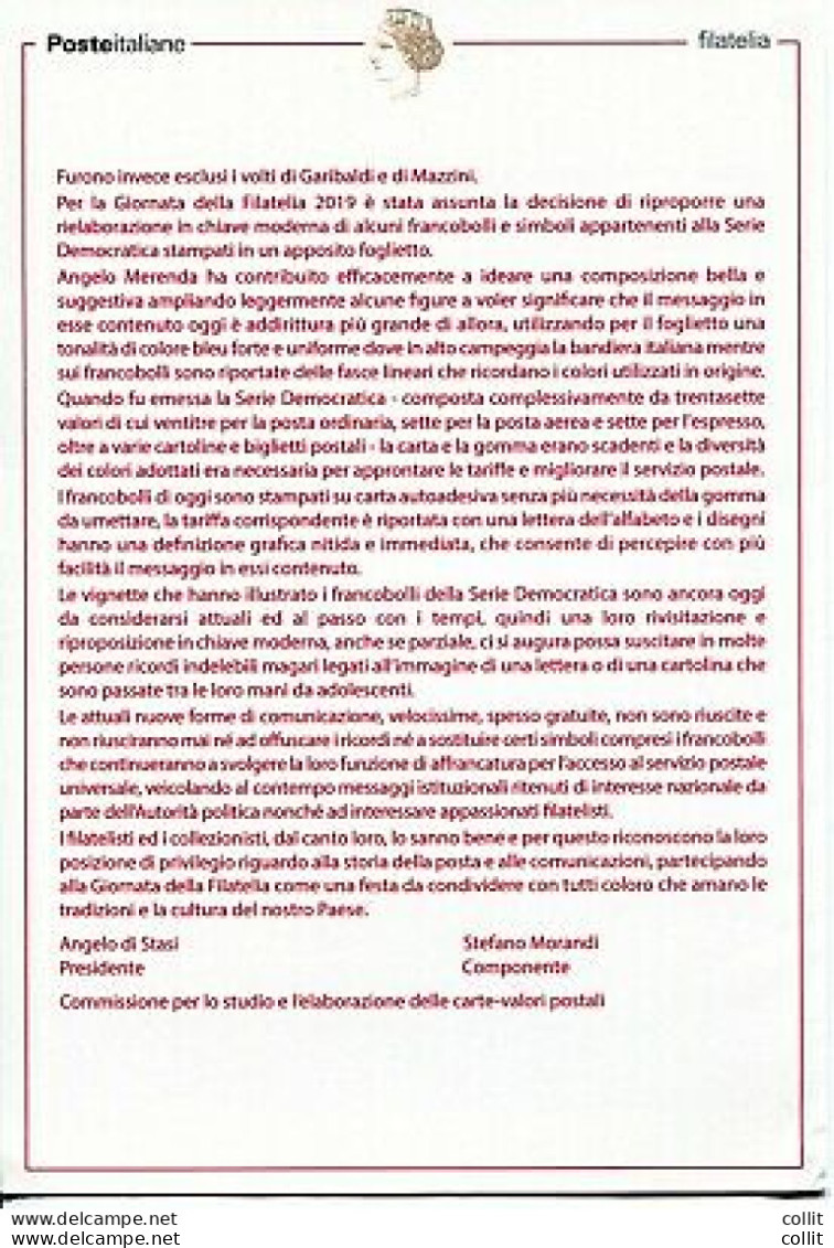 Bollettino Illustrativo Edizione Omaggio - Giornata Filatelia 2019 Democratica - Geschenkheftchen