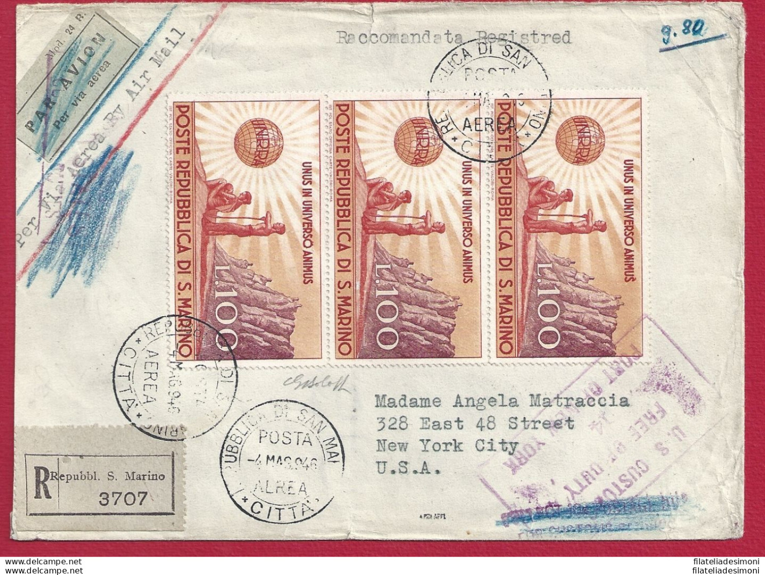 1946 SAN MARINO, N° 296 UNRRA (x5)+ N° 295 Su Lettera  Viaggiata Per New York - Other & Unclassified