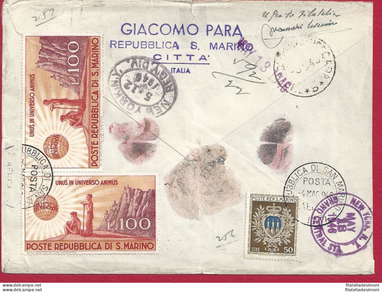 1946 SAN MARINO, N° 296 UNRRA (x5)+ N° 295 Su Lettera  Viaggiata Per New York - Other & Unclassified