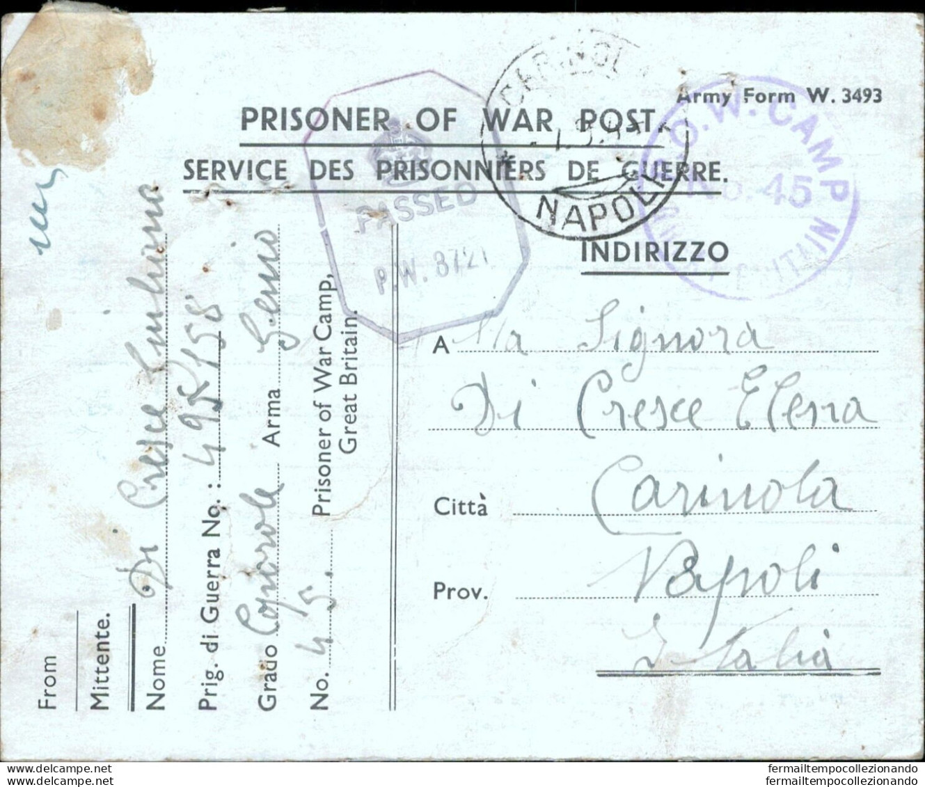 Bo213 Franchigia Militare Prigioniero Di Guerra In Uk Per Carinola Caserta 1944 - Franchise
