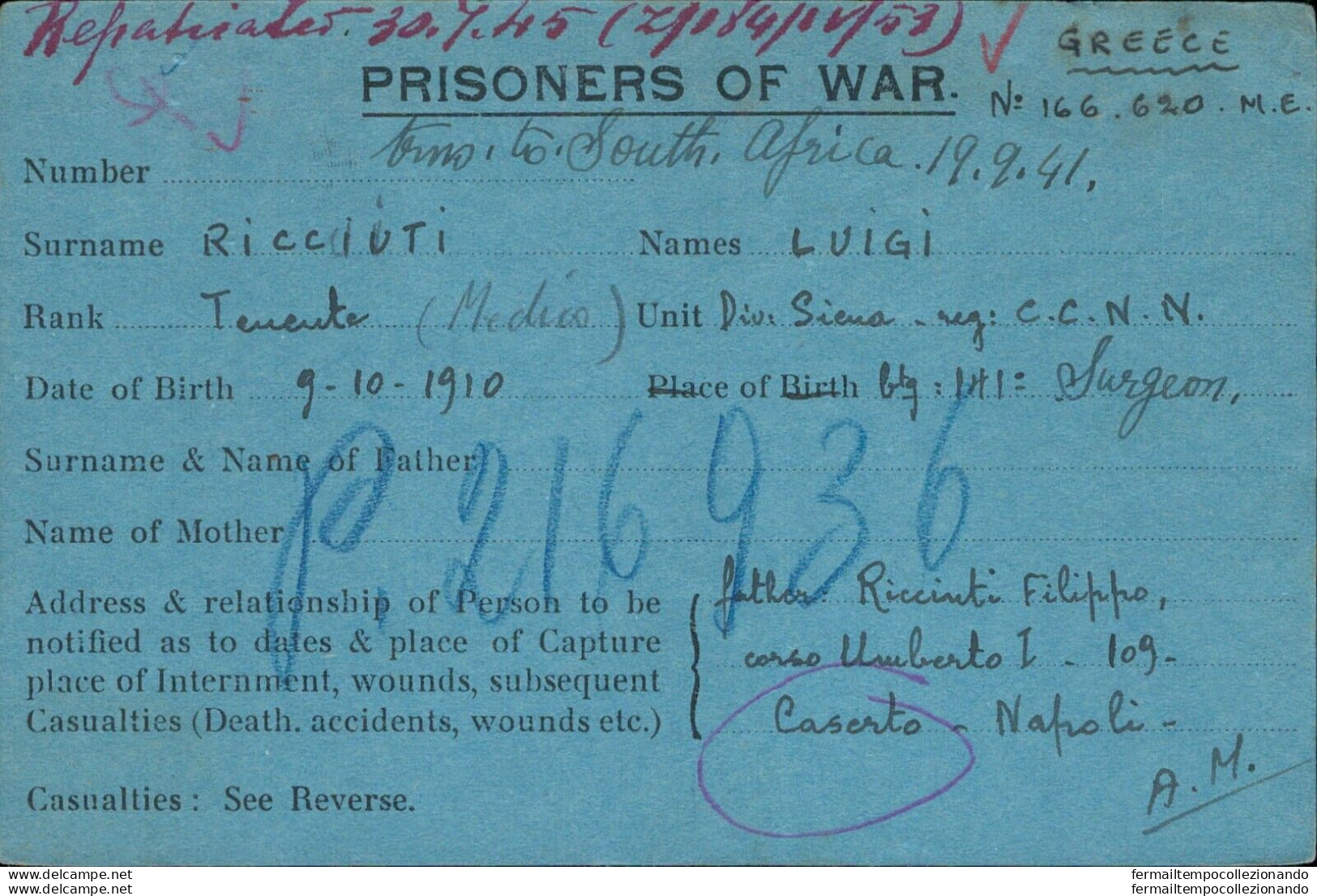 Bo222 Franchigia Militare Prigioniero Di Guerra In Sudafrica Per Caserta 1941 - Franchise