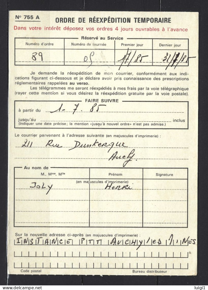 FRANCE 1985 - Ordre De Réexpédition Temporaire. LIBERTE +. Du 28-6-1985. 62 AUCHY-LES-MINES. Pas De Calais. TB. - Storia Postale
