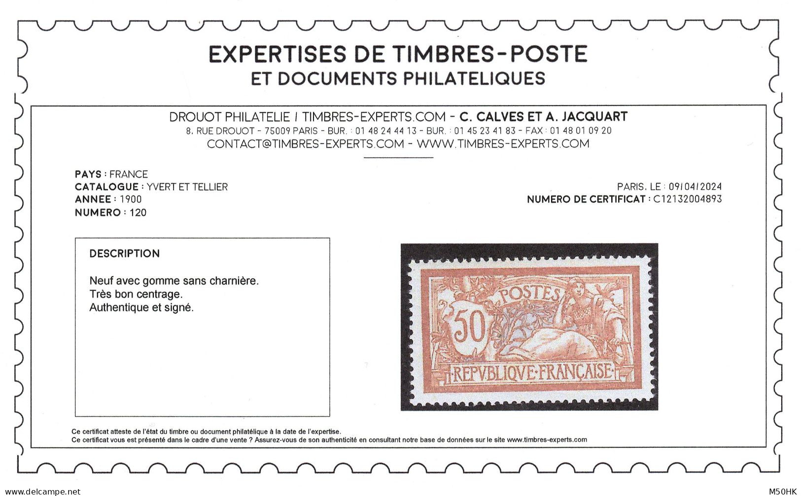 YV 120 N** MNH Luxe , Excellent Centrage , Signé CALVES + Certificat , Cote 580 Euros +100% - Unused Stamps