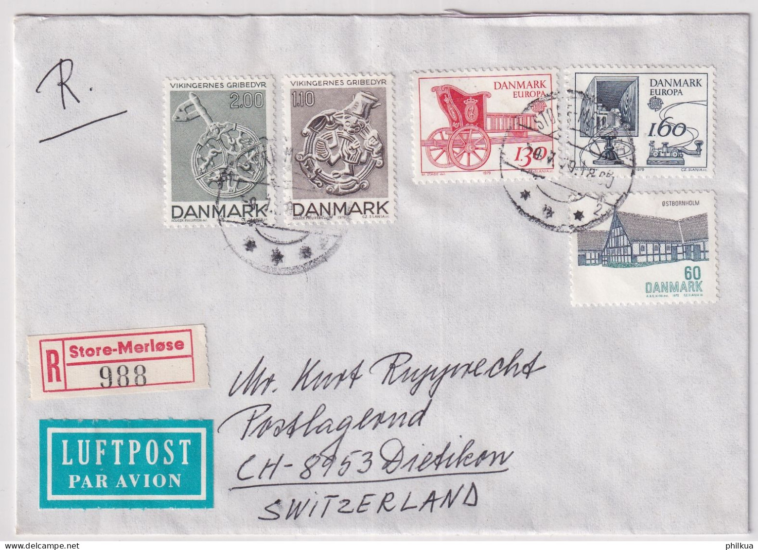 MiNr. 686 - 687 Dänemark 1979, 10. Mai. Europa Geschichte Des Post- Und Fernmeldewesens R-Brief  Store-Merlose - Schweiz - Cartas & Documentos