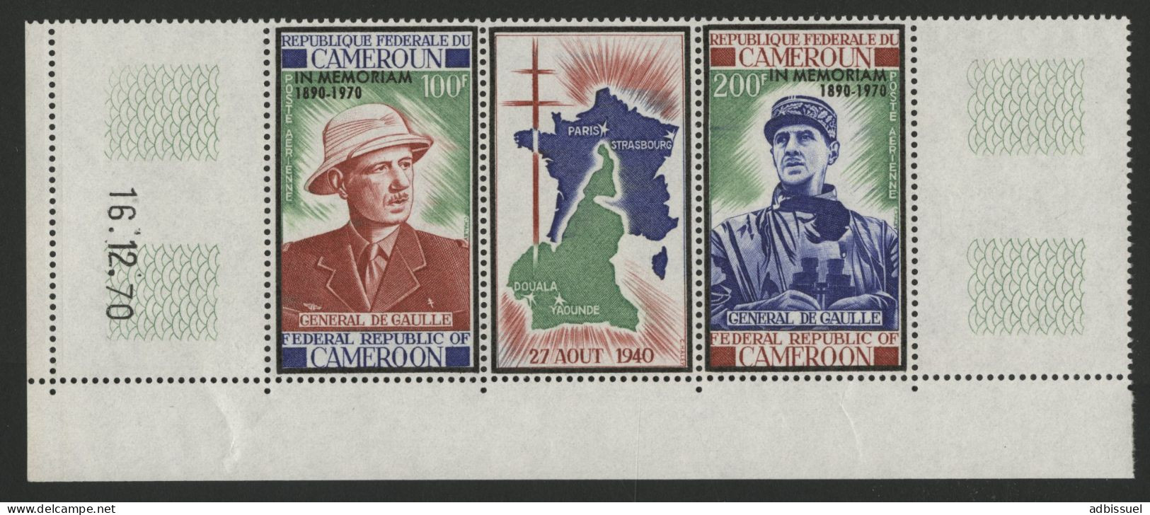 CAMEROUN POSTE AERIENNE PA N° 175A Triptyque De GAULLE Neufs Sans Charnière ** MNH + Coin Daté 16/12/70 TB - Camerún (1960-...)