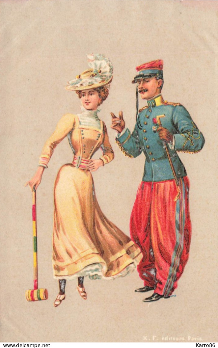 Le Jeu De Croquet * CROQUET * Game Jeux * CPA Illustrateur Art Nouveau Jugendstil * Femme Mode Robe Chapeau Militaire - Sonstige & Ohne Zuordnung