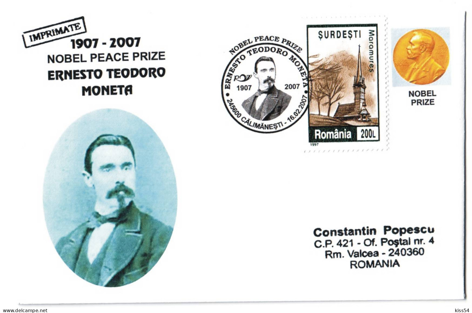 CV 31 - 415 ERNESTO TEODORO MONETA, Nobel Peace Prize, Romania - Cover - Used - 2007 - Premio Nobel