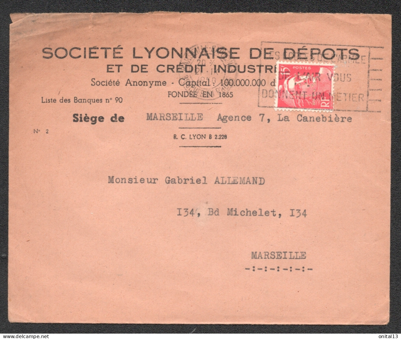 1950 ENVELOPPE SOCIETE LYONNAISE DE DEPOTS ET DE CREDIT INDUSTRIEL / TIMBRE PERFORE (  S.L ) F78 - Briefe U. Dokumente