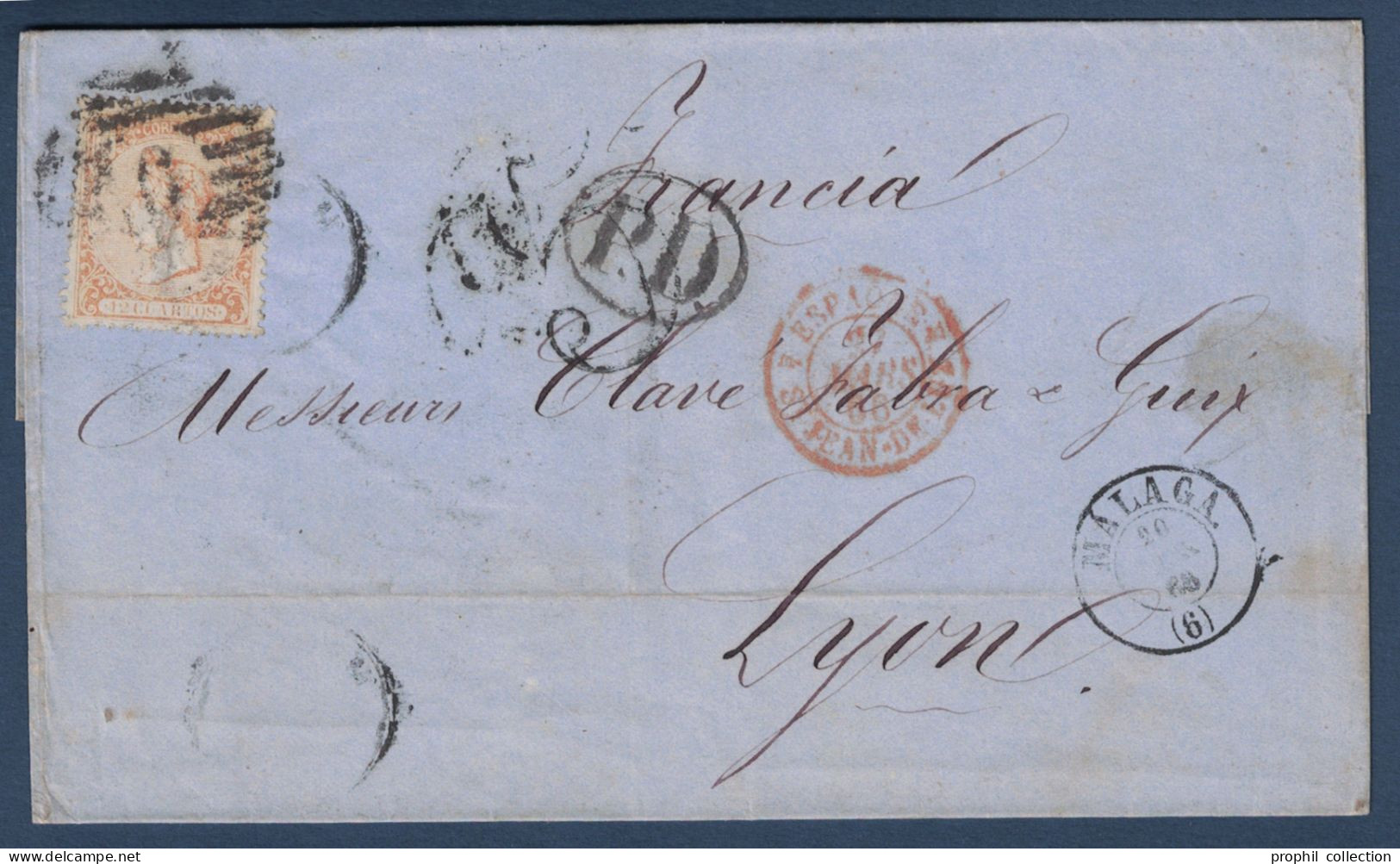 LETTRE COVER MALAGA SPAIN ESPAGNE > FRANCIA CACHET PD TAXE 5 CAD ROUGE ENTRÉE FRANCE ST JEAN DE LUZ 1866 - Brieven En Documenten