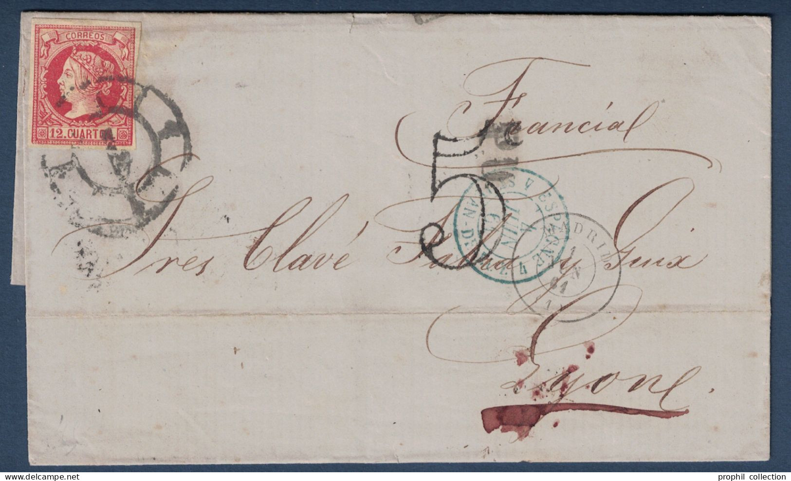 LETTRE COVER MADRID SPAIN ESPAGNE > FRANCIA CACHET TAXE 5 CAD BLEU ENTRÉE FRANCE ST JEAN DE LUZ 1861 - Brieven En Documenten