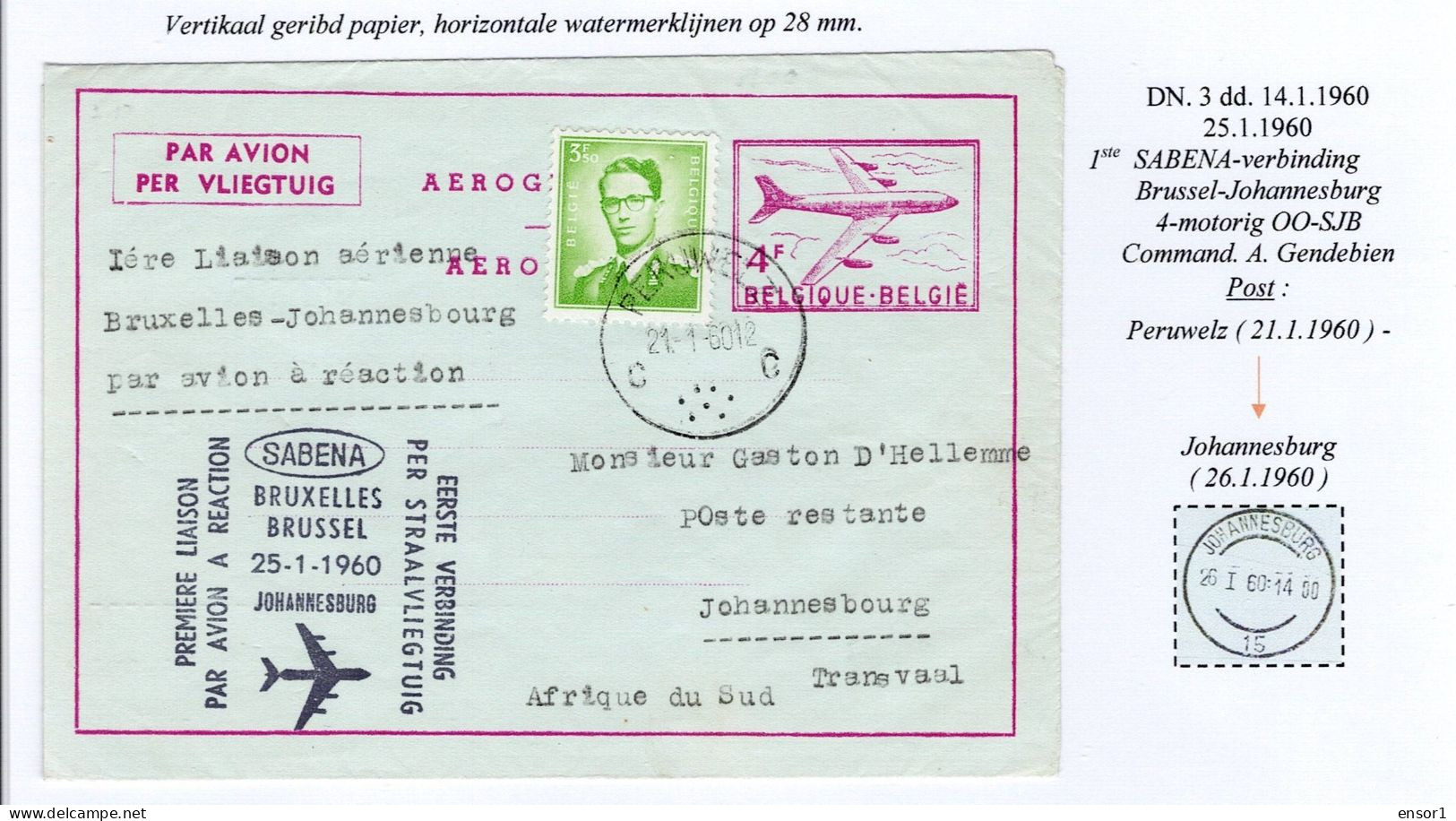 België Air Mail Aerogram Boeing 707 Brussel - Johannesberg - Aerogramme