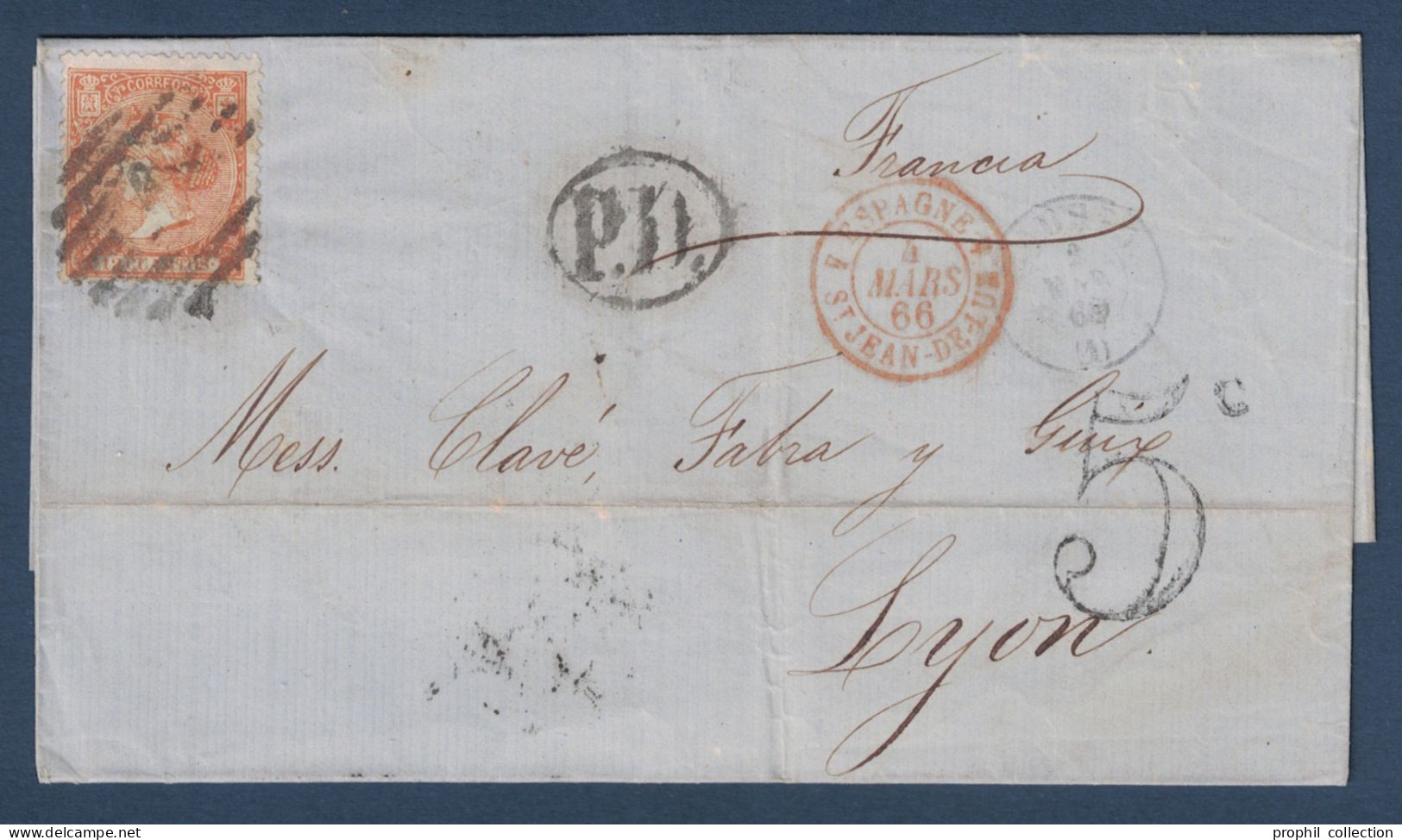 LETTRE COVER MADRID SPAIN ESPAGNE > FRANCIA CACHET PD TAXE 5 CAD ROUGE ENTRÉE FRANCE ST JEAN DE LUZ 1866 - Lettres & Documents