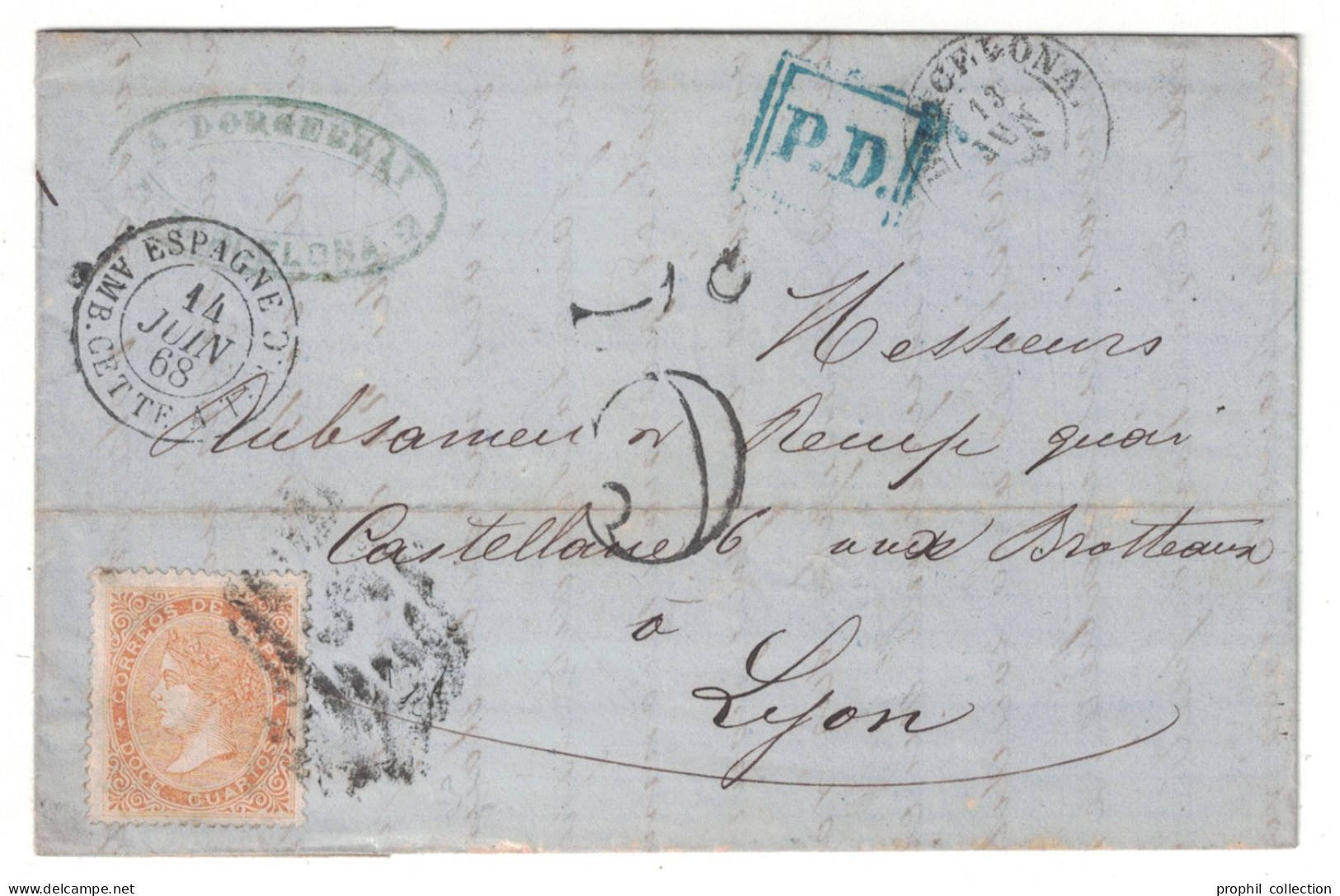 CAD CACHET D'ENTRÉE AMBULANT 1868 " ESPAGNE / AMB. CETTE. TAR. C " Sur LETTRE COVER De BARCELONA SPAIN TAXE 5c PD BLEU - Marques D'entrées