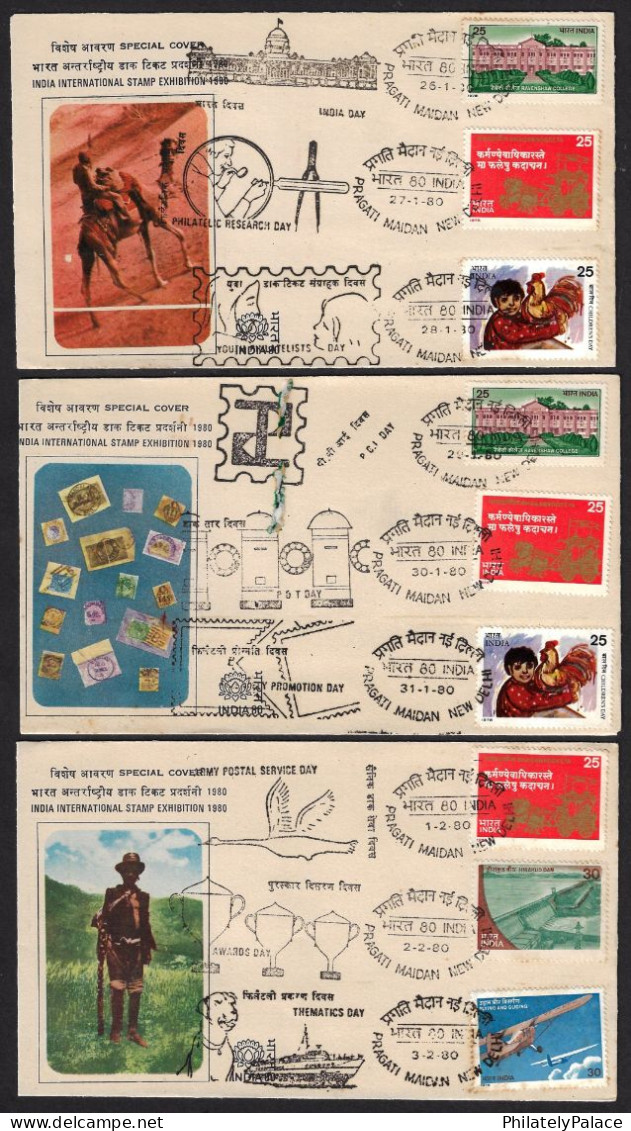 India 1980 International Stamp Exhibition,Hindu,Gita,College,Education,Dog,Aeroplane,9 Days,3 Sp Cover (**) Inde, Indien - Lettres & Documents