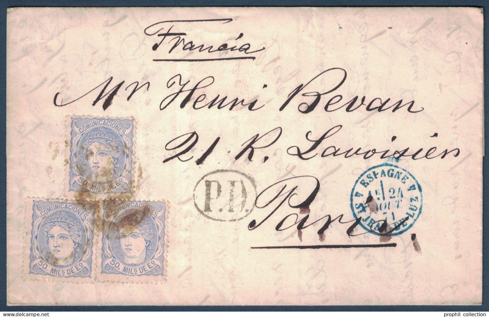 LETTRE COVER LEON SPAIN ESPAGNE > FRANCIA CACHET PD CAD BLEU ENTRÉE FRANCE ST JEAN DE LUZ 1871 - Brieven En Documenten