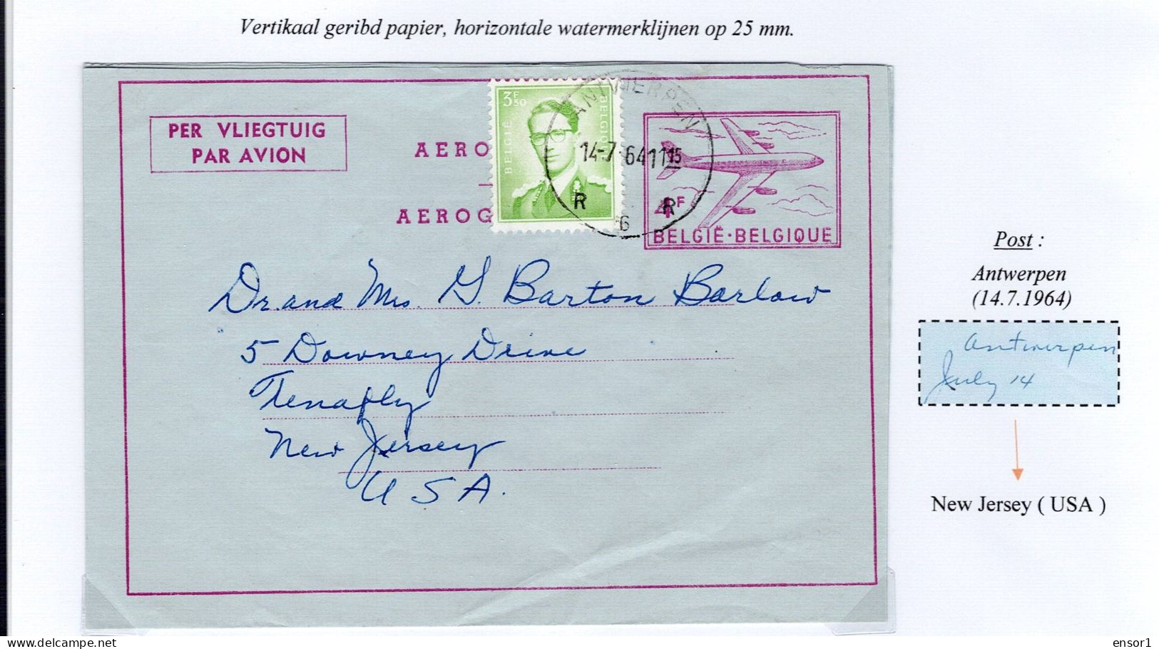 België Air Mail Aerogram Antwerpen USA - Aerogramme