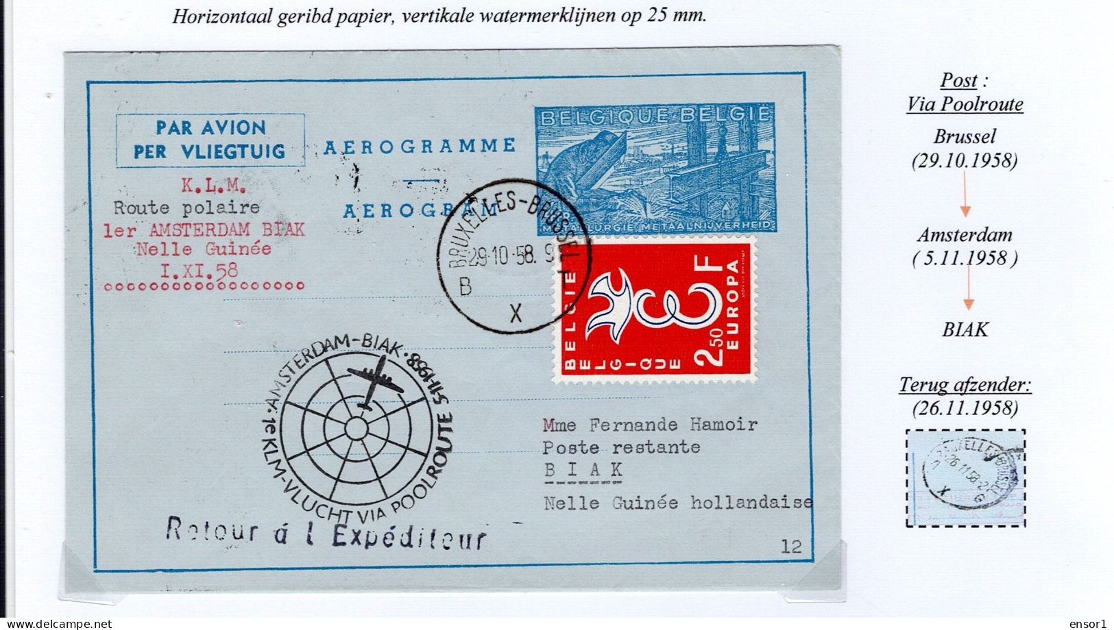 België Air Mail Aerogram Brussel Amsterdam Biak Poolroute - Aérogrammes