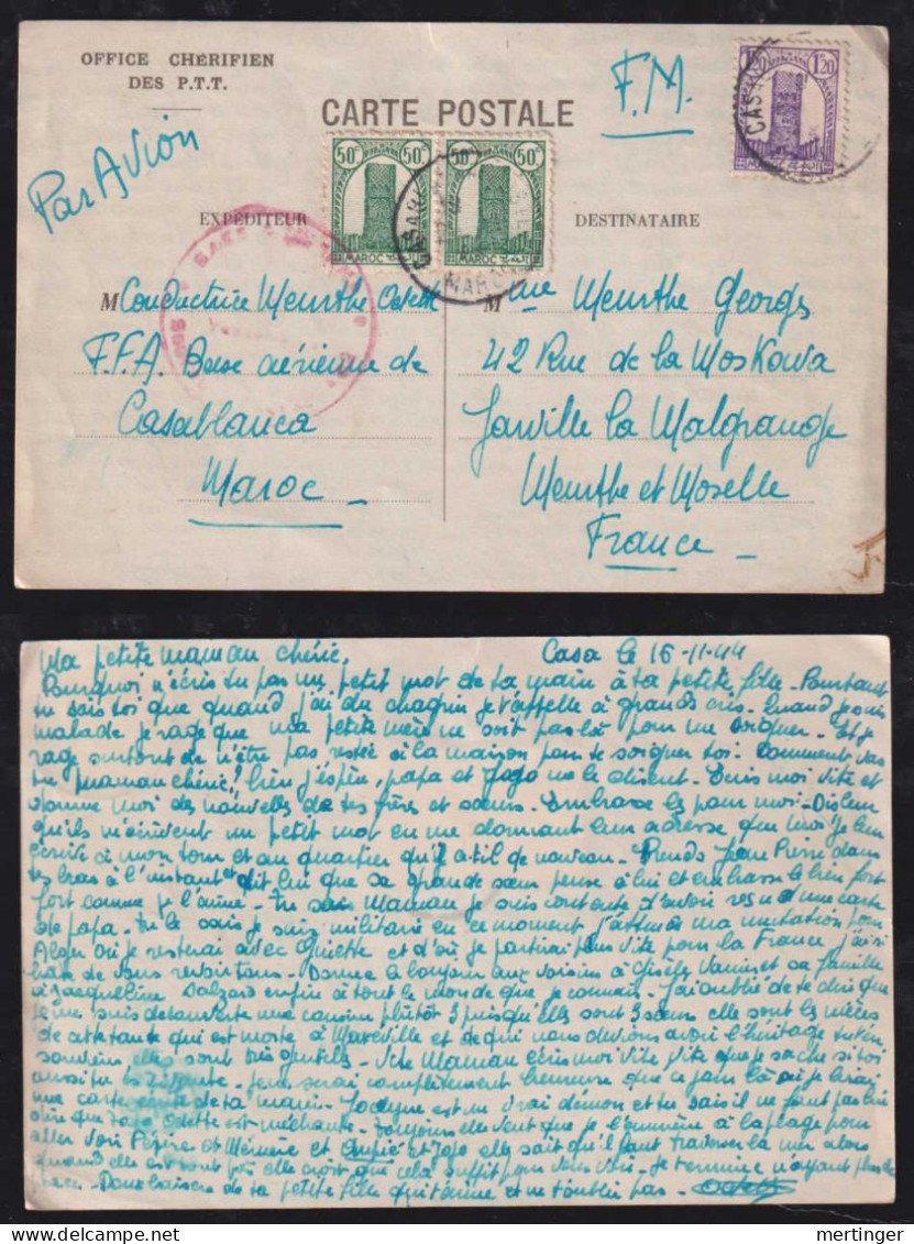 Marokko Morocco 1944 F.M. Airmail Censor Field Post Office Postcard CASABLANCA X JAWILLE France - Lettres & Documents