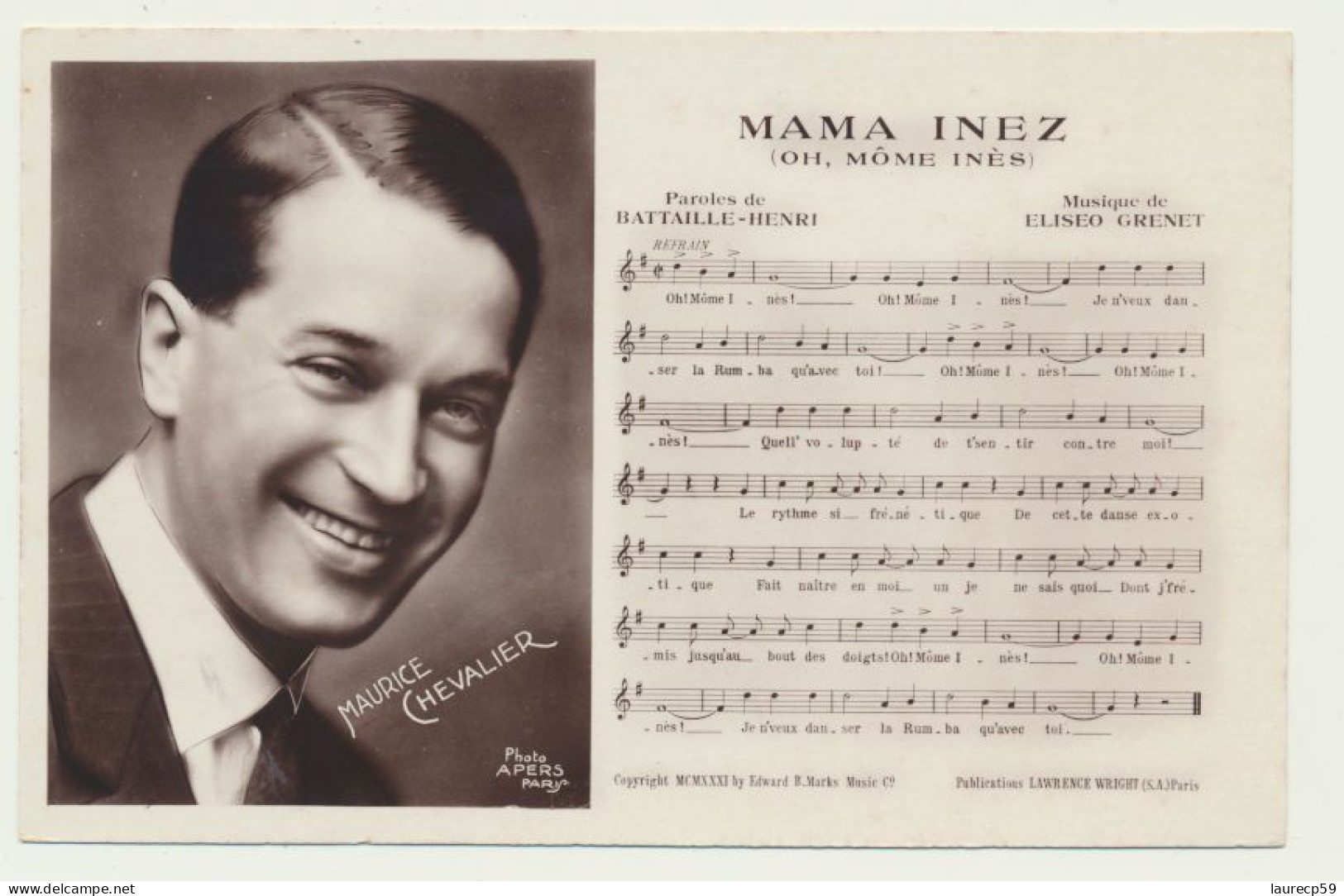 Carte Fantaisie Musique - Partitions - Chansons - Mama INEZ - Chanteur Maurice CHEVALIER - Musica E Musicisti