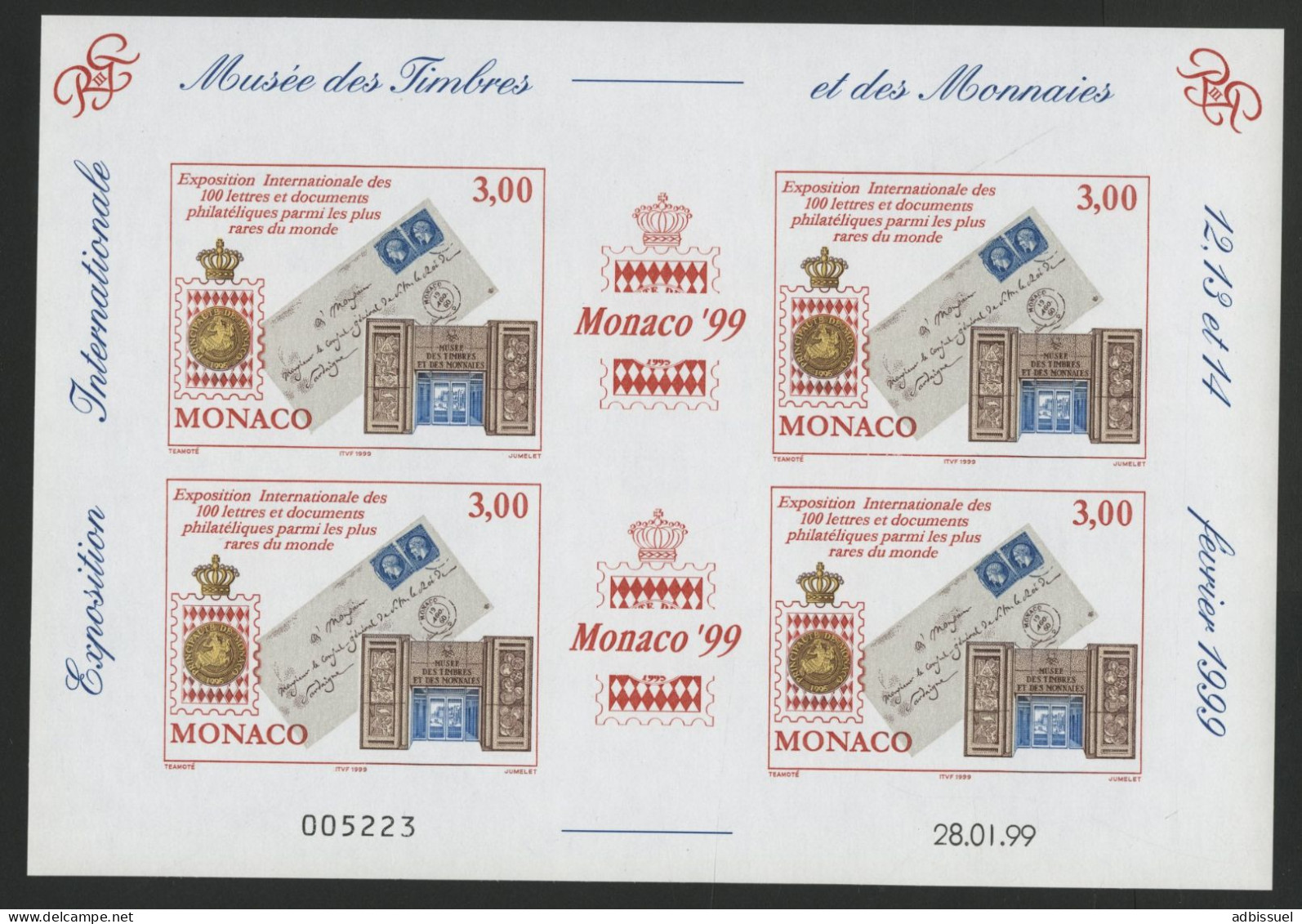 MONACO FEUILLET N° 81 Neuf ** MNH "MONACO 99" Exposition Philatélique Internationale - Blocs