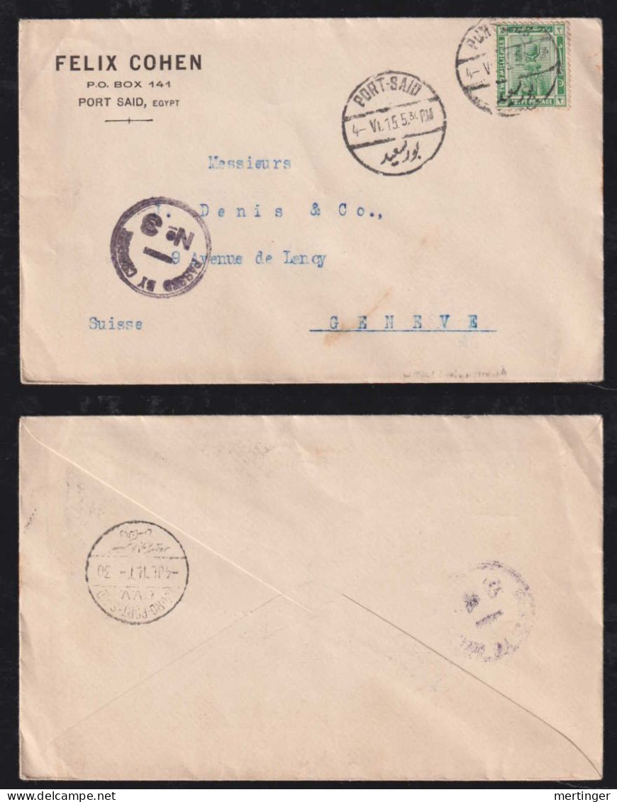 Egypt 1915 Censor Cover PORT SAID X GENEVE Switzerland - 1915-1921 British Protectorate