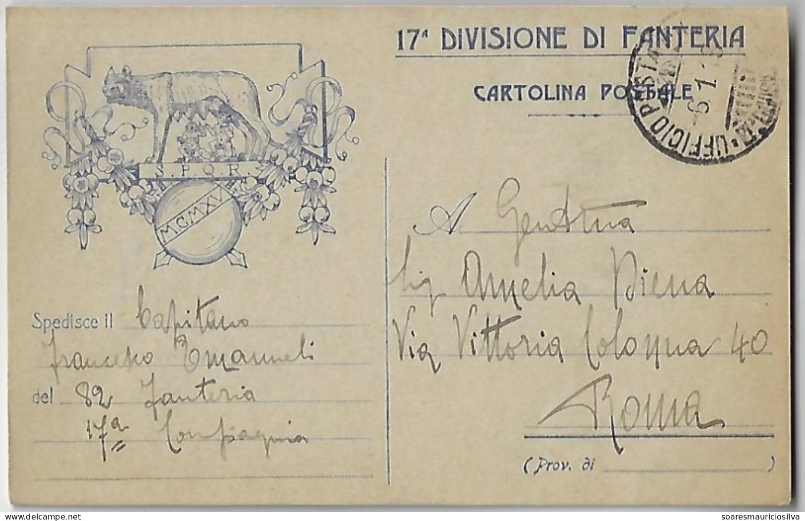 Italy 1915 Postcard Of The 17th Infantry Division Engraving Capitoline Wolf With Military Postmark Sent To Rome WWI - Militares
