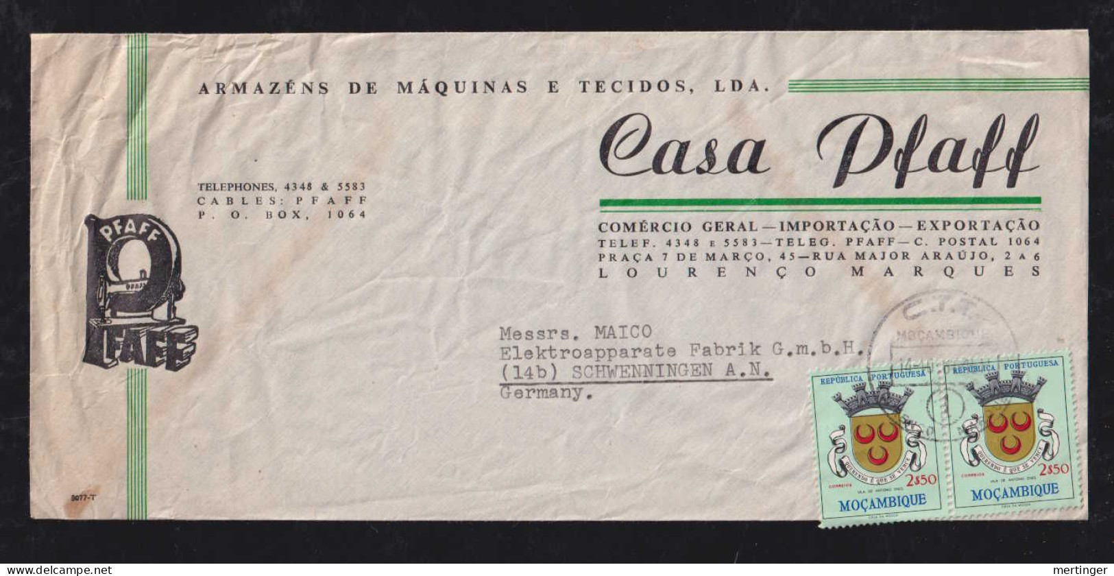 Portugal MOCAMBIQUE 1961 Advertising PFAFF Airmail Cover LOURENCO MARQUES X SCHWENNINGEN Germany - Mosambik